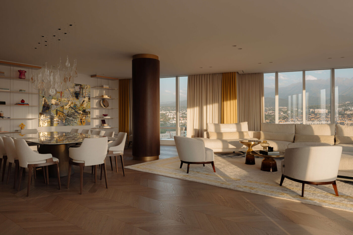 A contemporary living room adorned with modern decor, offering a stunning view of the cityscape outside. Project by Akka Interiors.