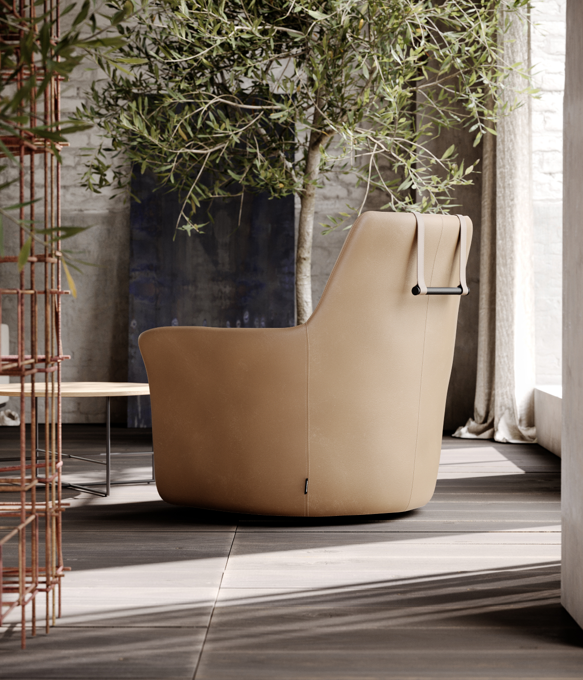 An armchair positioned in a living room design, with a vibrant tree peeking in from the background.