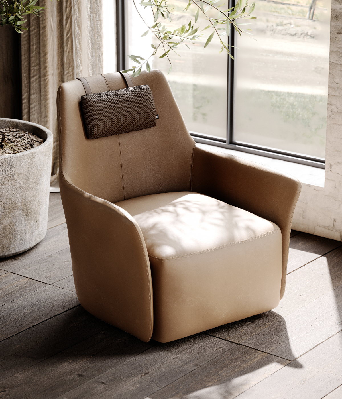 A comfortable armchair by a window, featuring a lovely plant that brightens up the living room design.