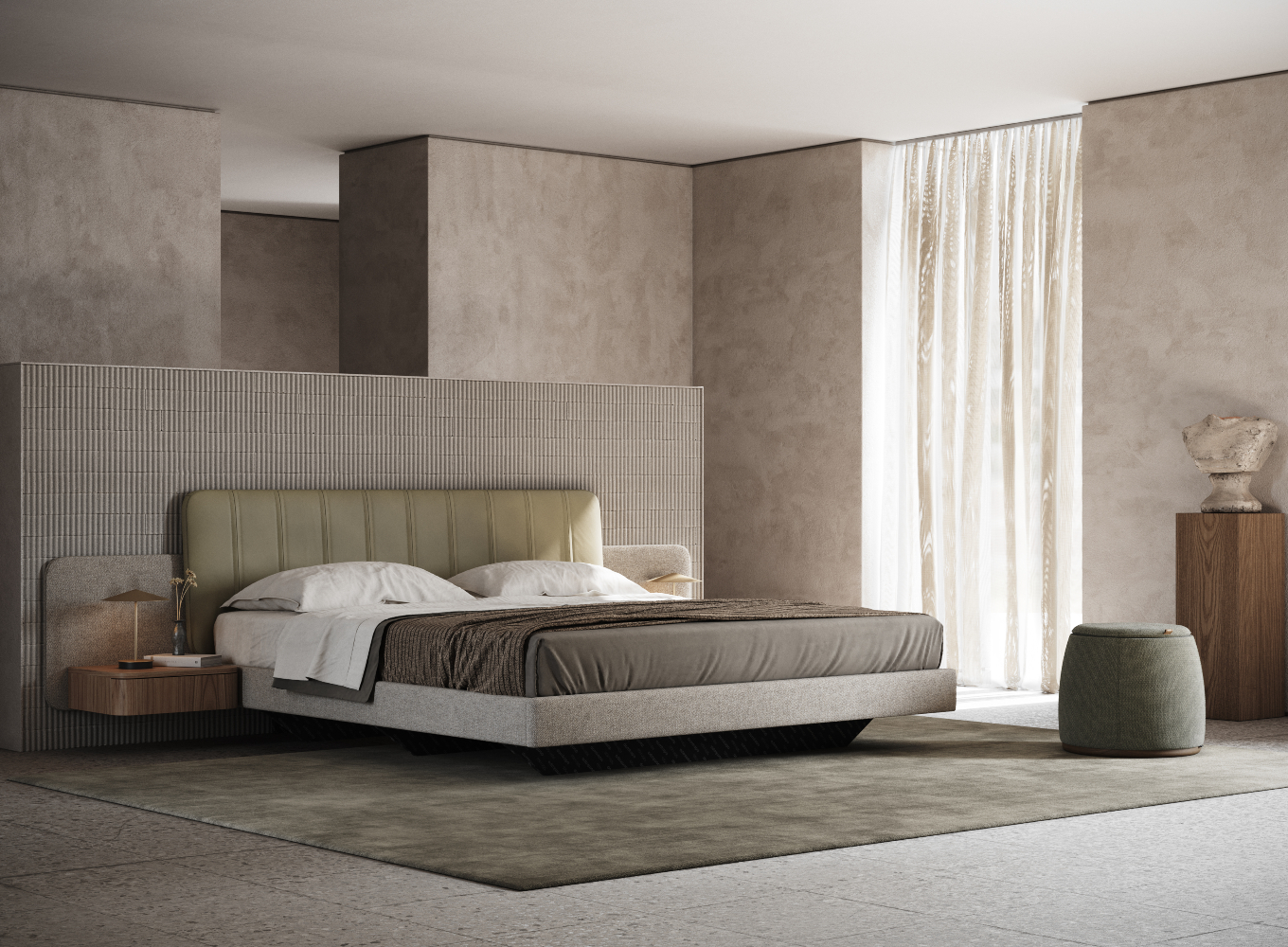 A stylish modern bedroom with an accent bed with a statement headboard and a trendy pouf, ideal for unwinding after a long day.