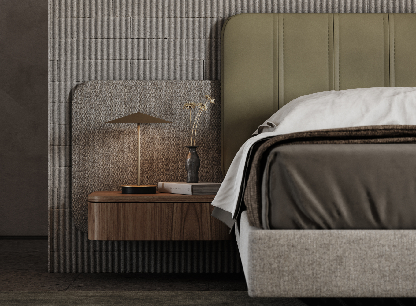 A comfortable bed featuring a statement headboard, accompanied by a integrated nightstand for nighttime essentials.