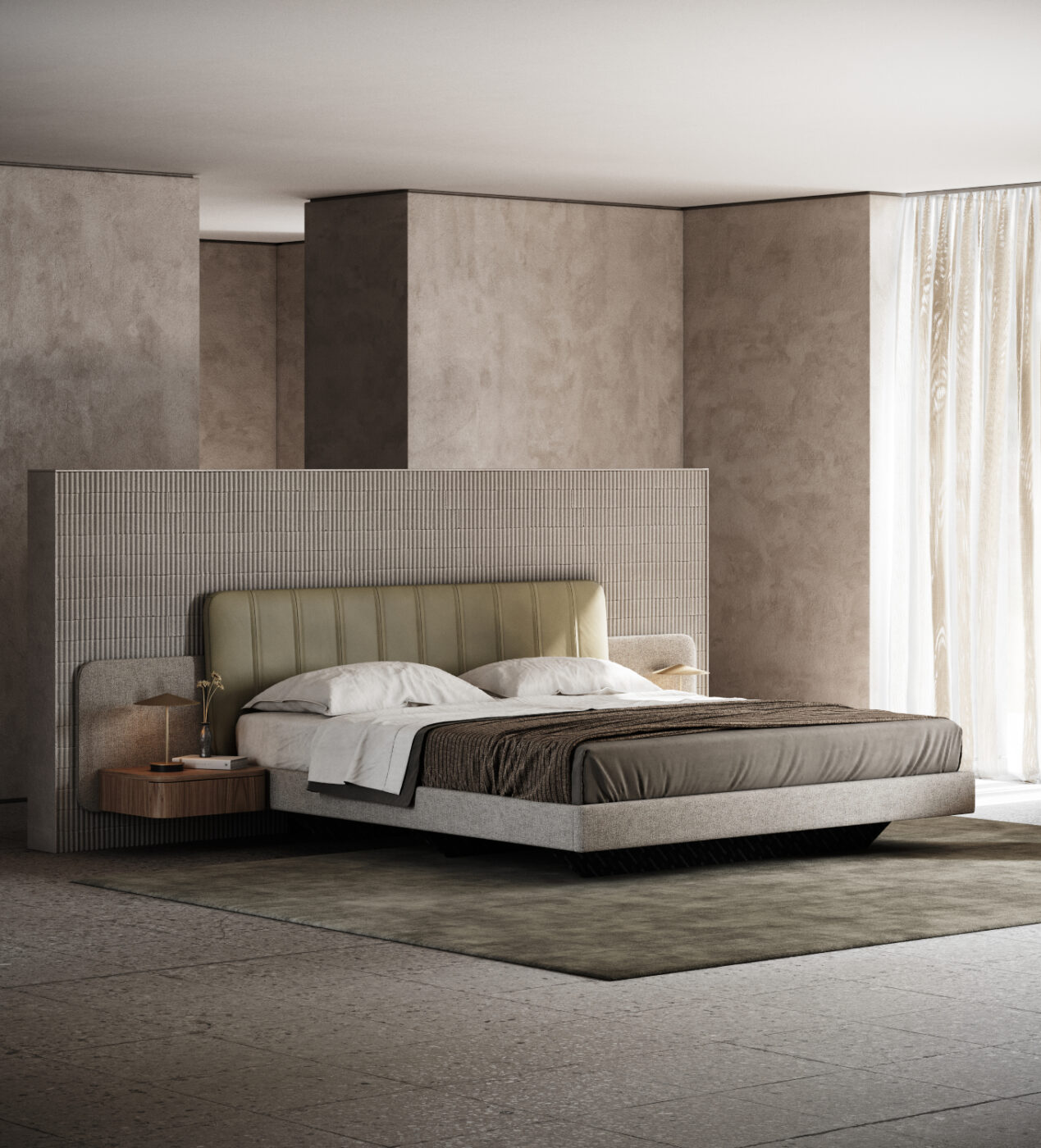 A contemporary bedroom showcasing a comfortable bed with a statement headboard and a integrated nightstand for a stylish touch.