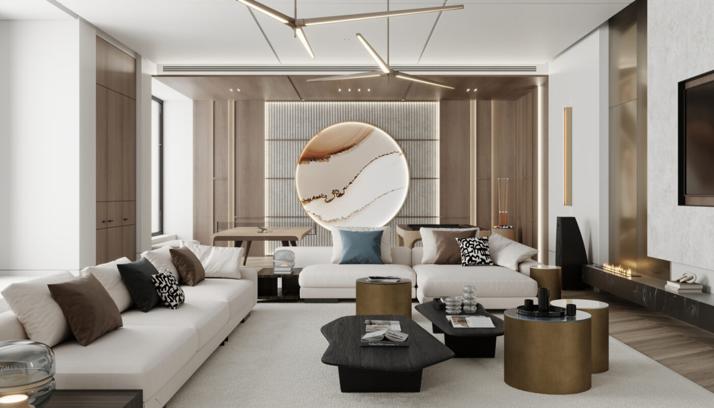 A stylish modern living room showcasing a large round mirror that enhances the room's spacious ambiance. From one of the influential hispanic interior designers from spain.