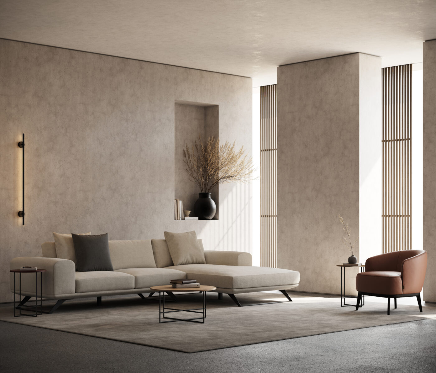 A contemporary living room featuring a stylish beige sofa, an elegant armchair in leather and a sleek lamp, creating a cosy atmosphere.