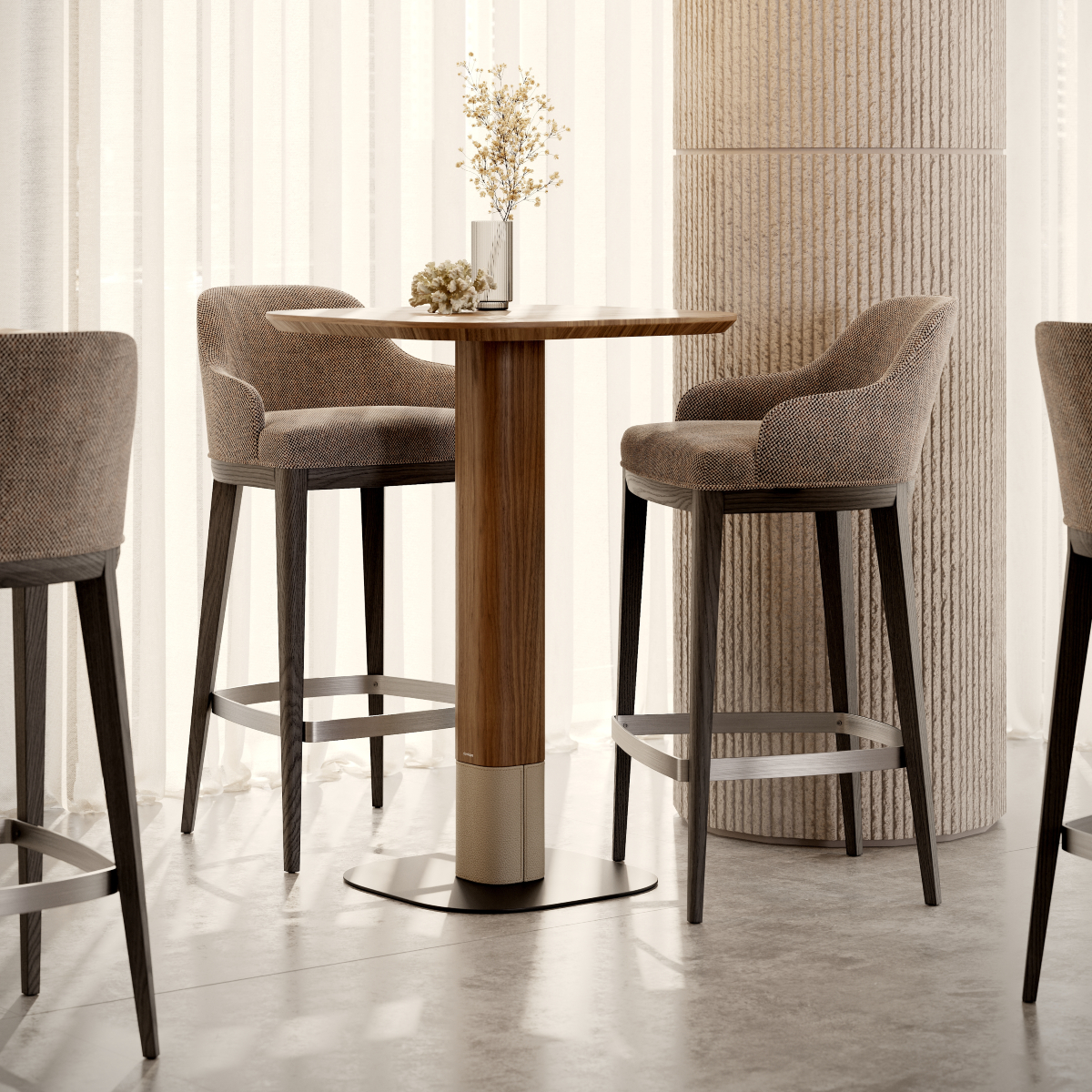 Two sleek bar stools arranged in front of a bar table, ideal for socialising or enjoying a meal. With contrasting materials such as wood, leather and steel.