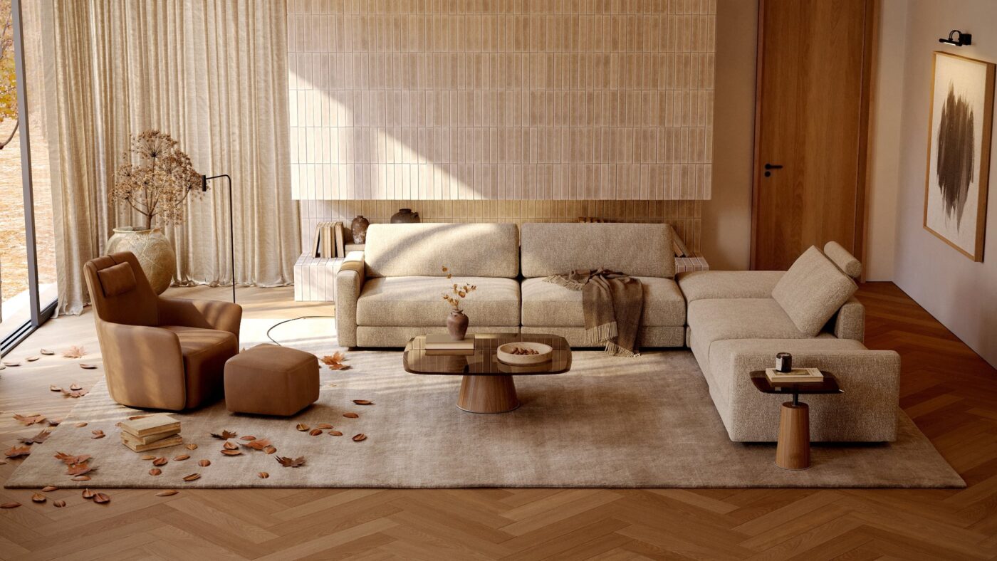 Living room by Domkapa with the autumn theme. With warm tones. A modular sofa in beige, an armchair in terracotta tones and a set of tables.