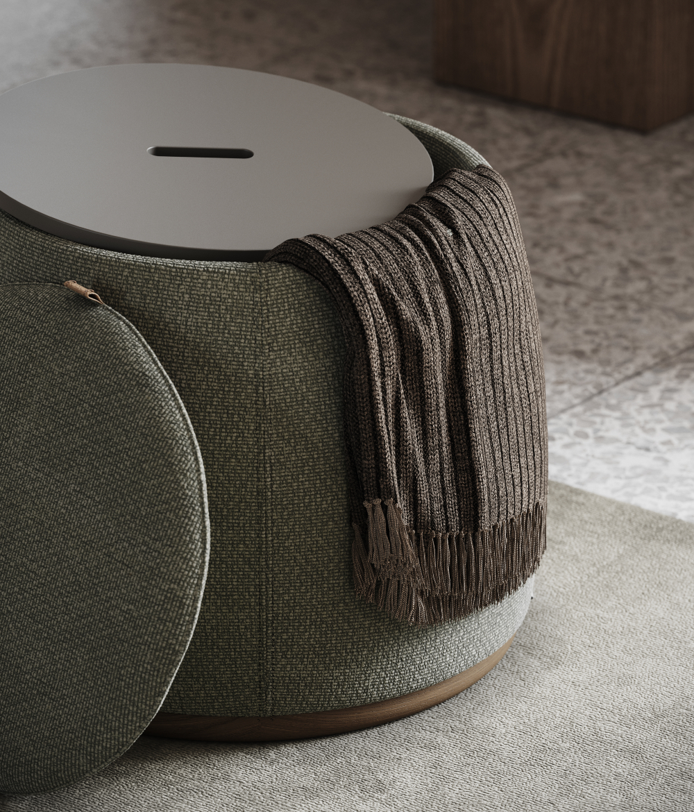 Pouf in green fabric with a lacquered top with a scarf inside.