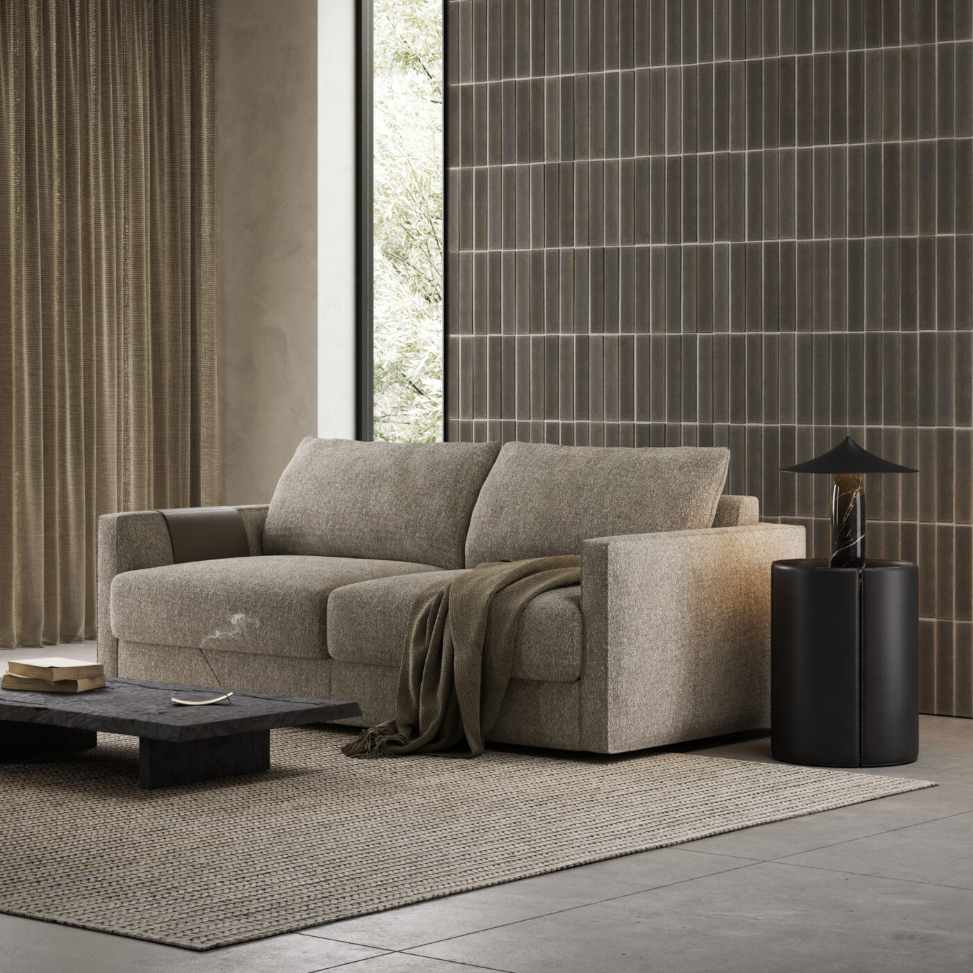 Modern living room showcasing a comfortable sofa bed paired with a chic coffee table, perfect for relaxation. It adapts to the 2025 interior design trends.