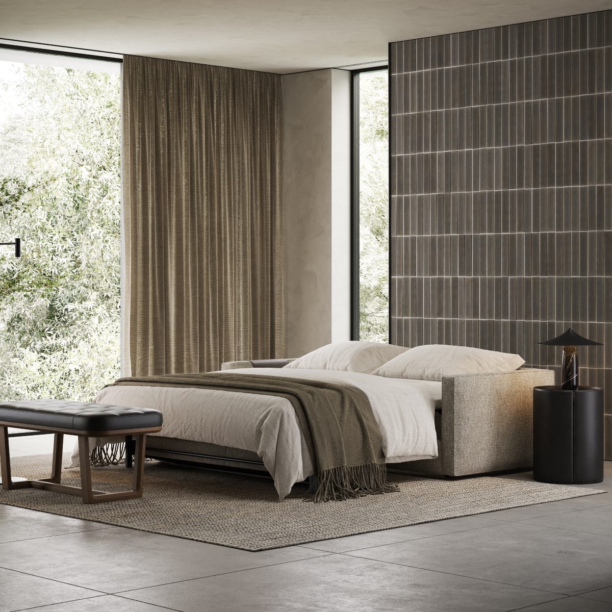 A lagom and modern bedroom with a cosy sofa bed, a minimalist side table, and a window that fills the room with light.