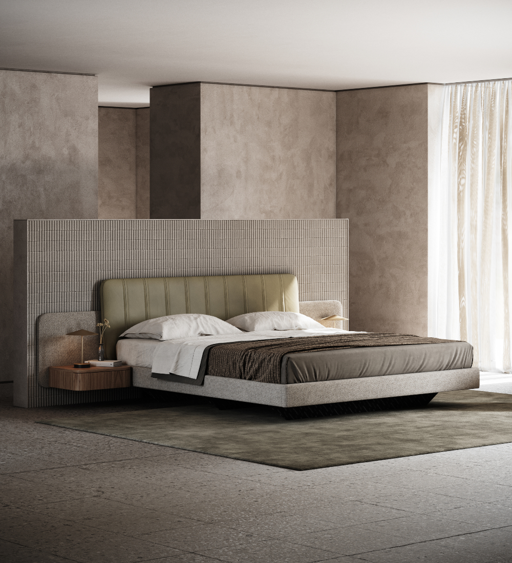 A sleek modern bedroom showcasing a comfortable bed and two minimalist nightstand, emphasising tranquillity and style.