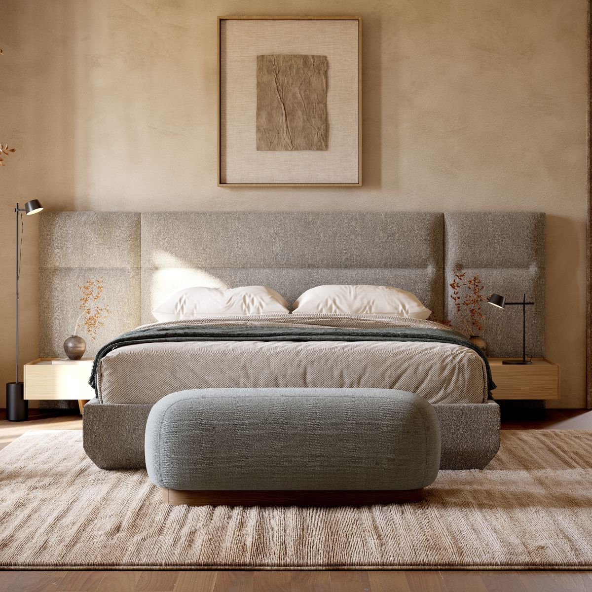 Bedroom trends 2026 by Domkapa (1) A modern bedroom featuring a cosy bed, stylish ottoman, and a soft rug on the floor. Bedroom trends 2026