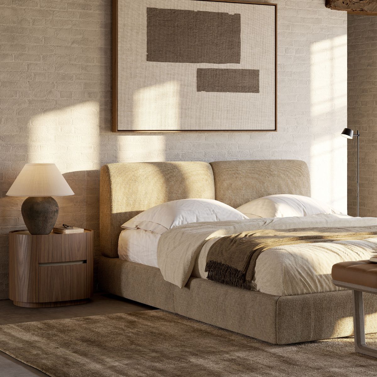Bedroom trends 2026 by Domkapa (2) A comfortable bed in a serene bedroom, surrounded by calming colors and natural light.