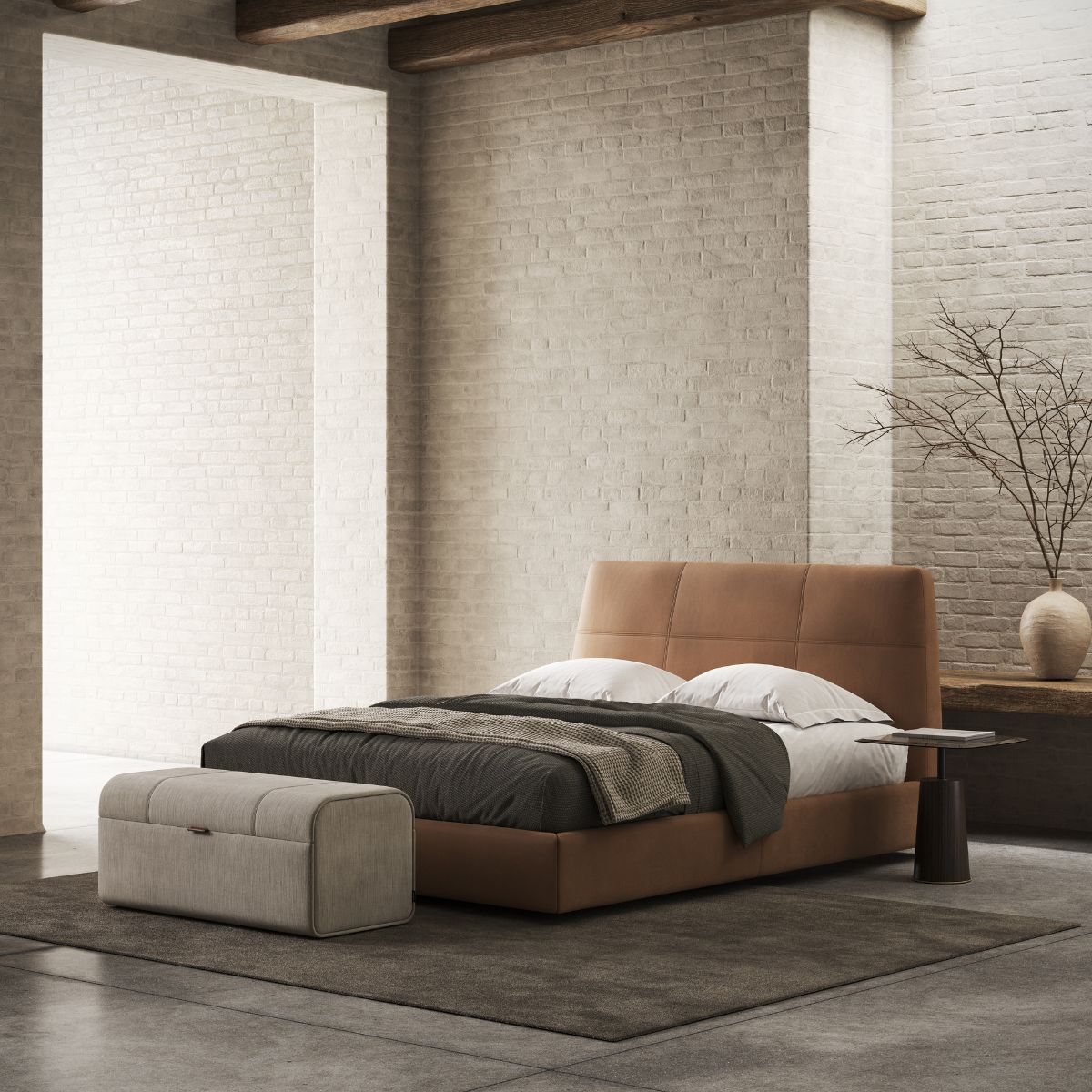 Bedroom trends 2026 by Domkapa (3) A stylish modern bedroom with a upholstered bed and a trendy bench.