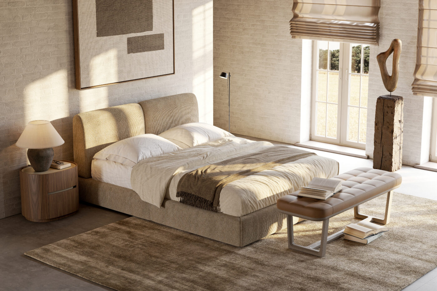 A simple bedroom with a neatly made bed, a wooden table beside it, and a window offering a view outside.