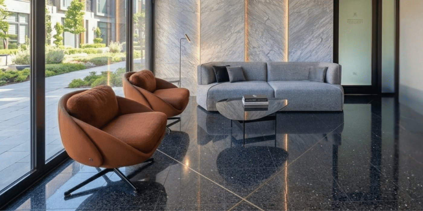 Blog Featured Image (1) Modern living room with a gray sofa, two rust-colored swivel chairs, a sleek glass table, and marble wall panels with vertical lighting accents. By Tres Más Dos