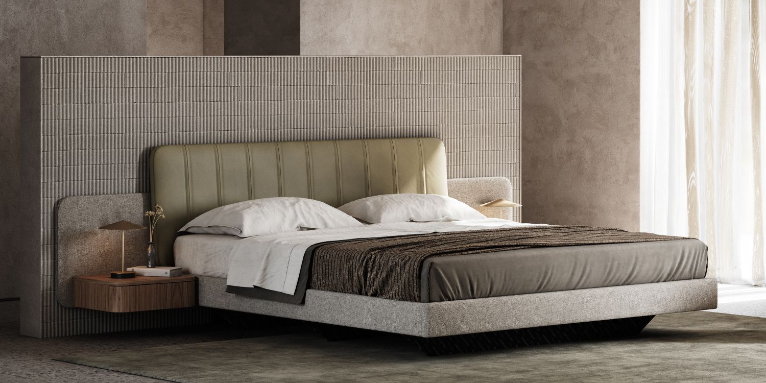 Stylish bed with a statement headboard and integrated nightstands, creating a warm and inviting bedroom atmosphere.