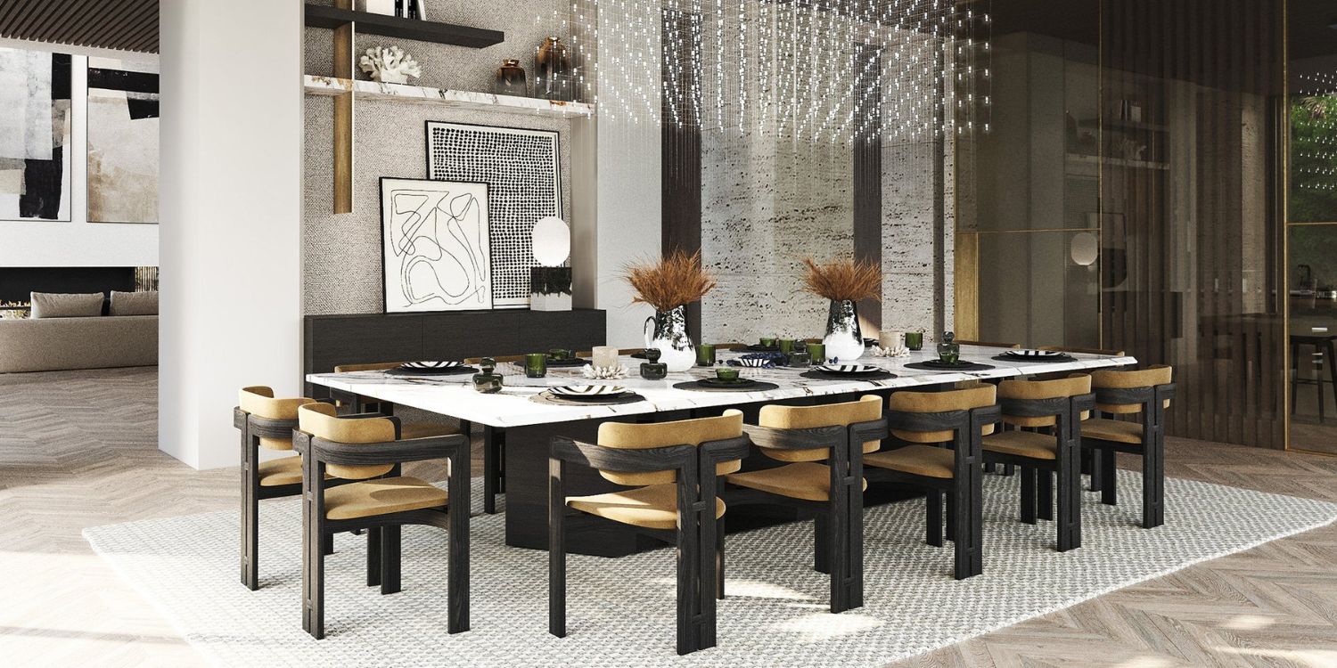 Los Flamingos project by Ambience home design. The dining room has yellow dining chairs with wood base. The dining table is rectangular and white and black.