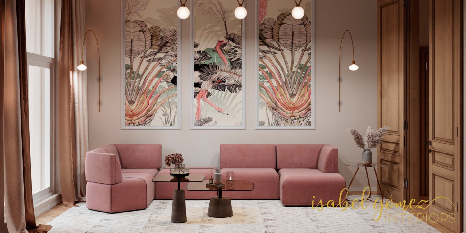 A bright living room showcasing a pink modular sofa alongside a colorful painting, enhancing the room's aesthetic appeal.