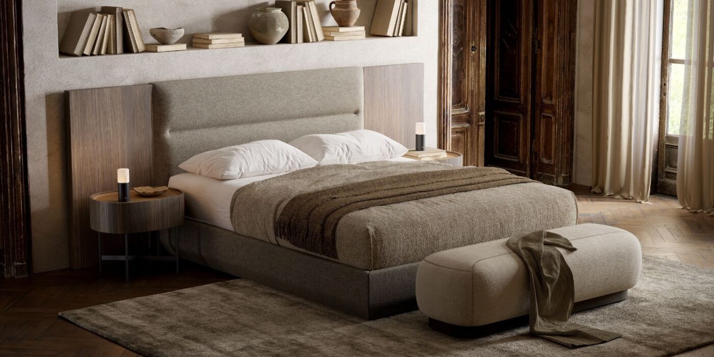 A comfortable modular bed with an upholstered headboard with wooden panels and bench, placed in a charming bedroom setting.
