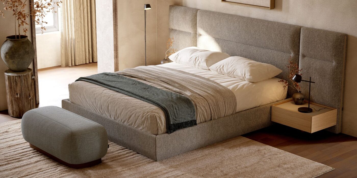 A contemporary modular bed with a sleek upholstered headboard and a bench, perfect for adding comfort and style to any bedroom.