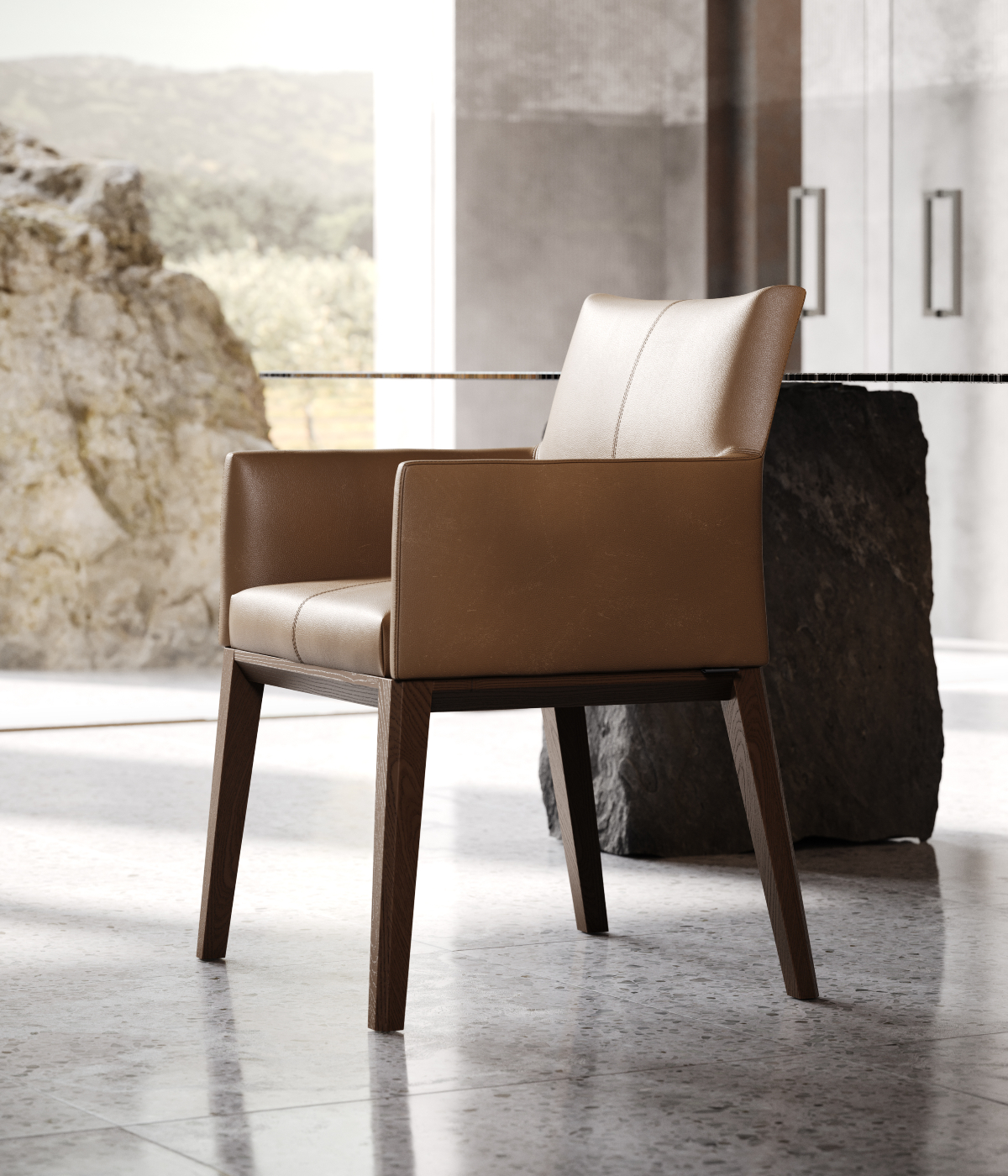 A dining chair from the 2022 new collection from Domkapa, situated in a bright room, with a spacious window providing ample natural light.