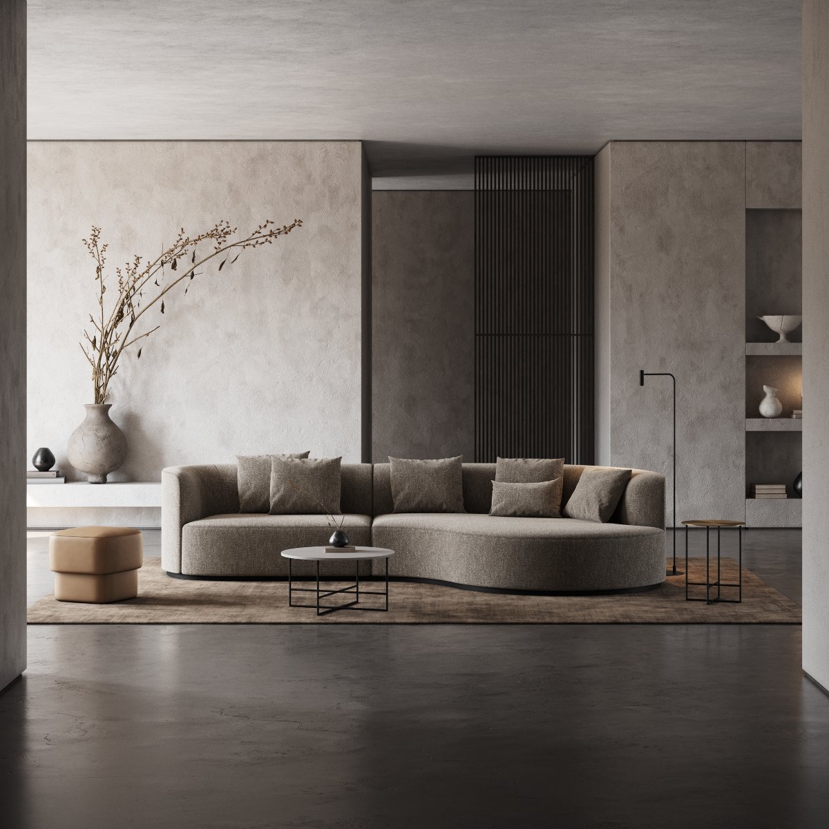 Chloe Sofa in brown tones and Inside Table Set in a living room in neutral and earthy tones