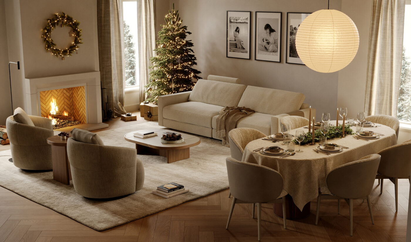 A festive living room showcasing a Christmas tree and a table, adorned with seasonal decorations, evoking holiday cheer. Unbox the Spirit of the Season with Domkapa