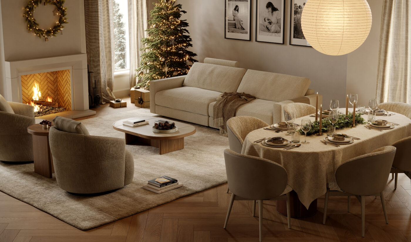 A festive living room showcasing a Christmas tree and a table, adorned with seasonal decorations, evoking holiday cheer. Unbox the Spirit of the Season with Domkapa