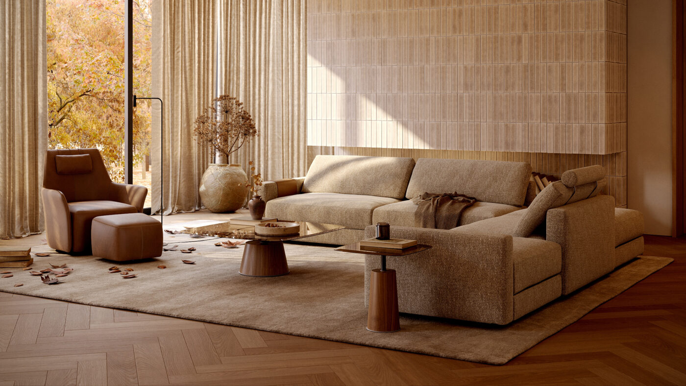 In this living room, warm beige, tan, and brown tones dominate the scene, reflecting the natural colors of fall leaves. With edward sofa, panton table set and alexander armchair - all in seasonal tones.