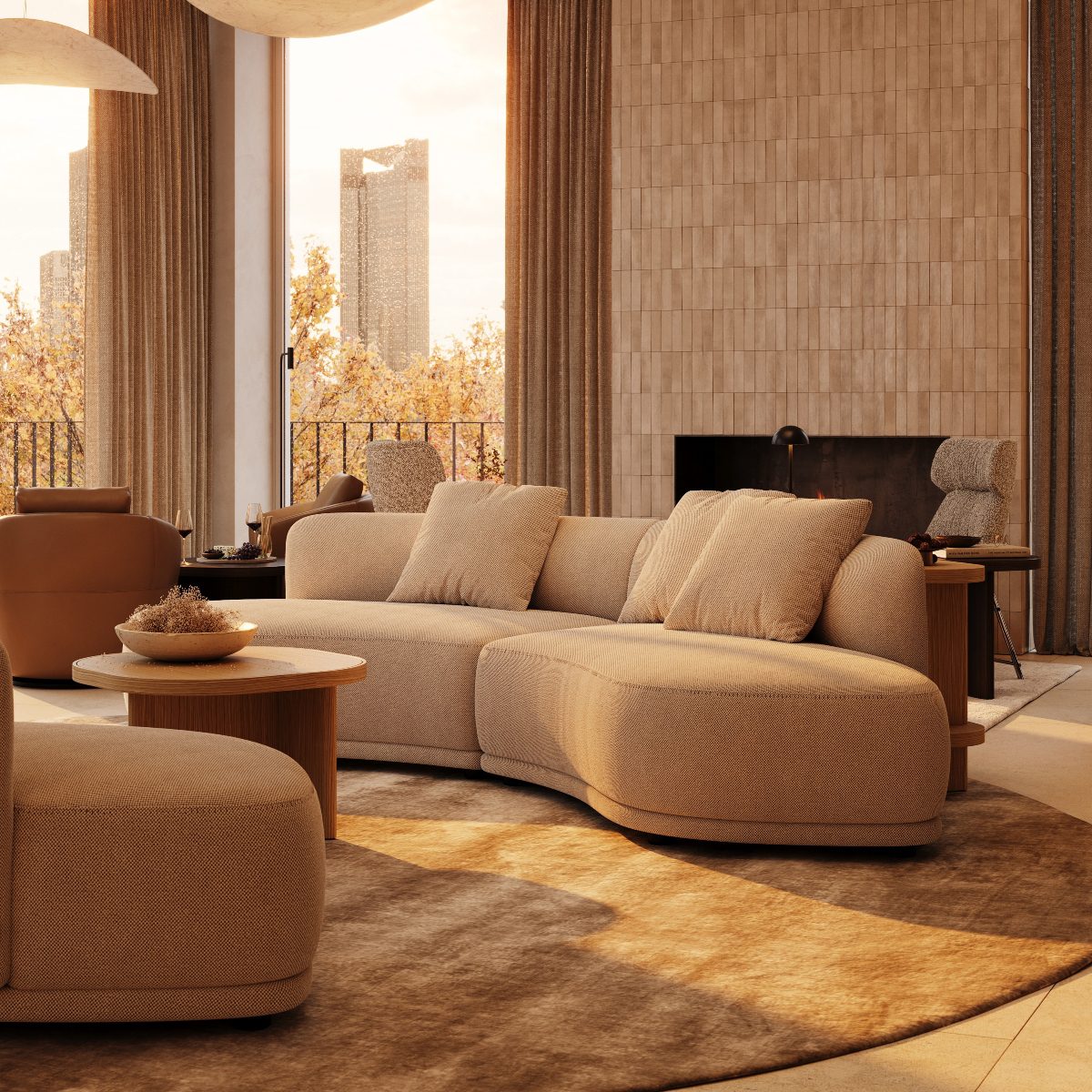 Trends UK 2026: Biophilic brown colors sofa, warm living room
