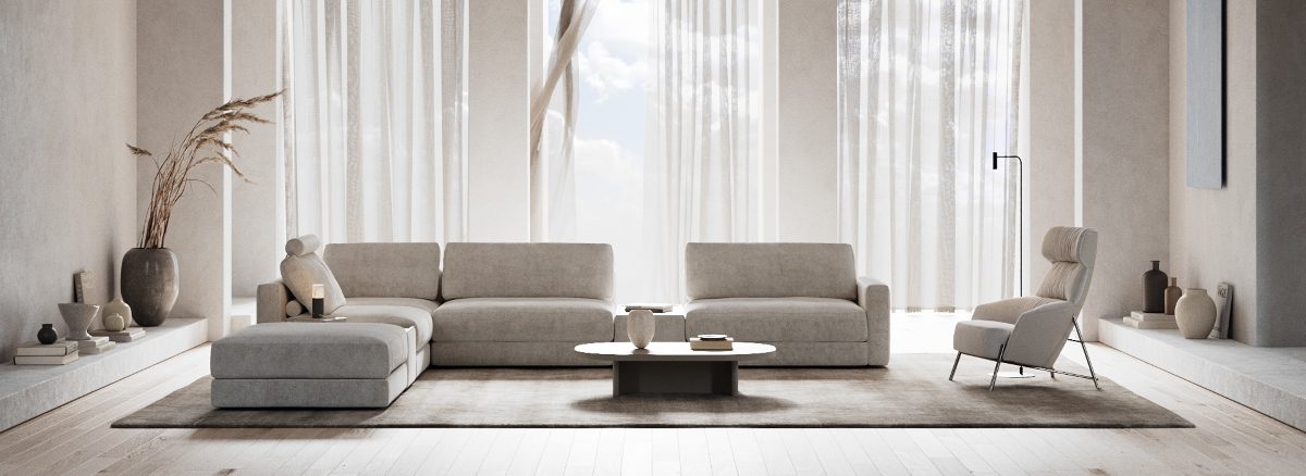 Trends UK 2026: Biophilic living room wkith neutral colors, sofa and armchair