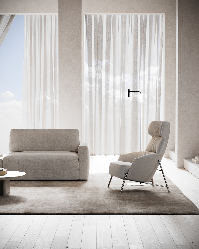 DK25 - PANTONE 2026 - 03 - V A modern living room showcasing a sofa, an armchair, a coffee table, and a soft rug underfoot. Colours: PANTONE 11-4201 Cloud Dancer, an ethereal white hue.
