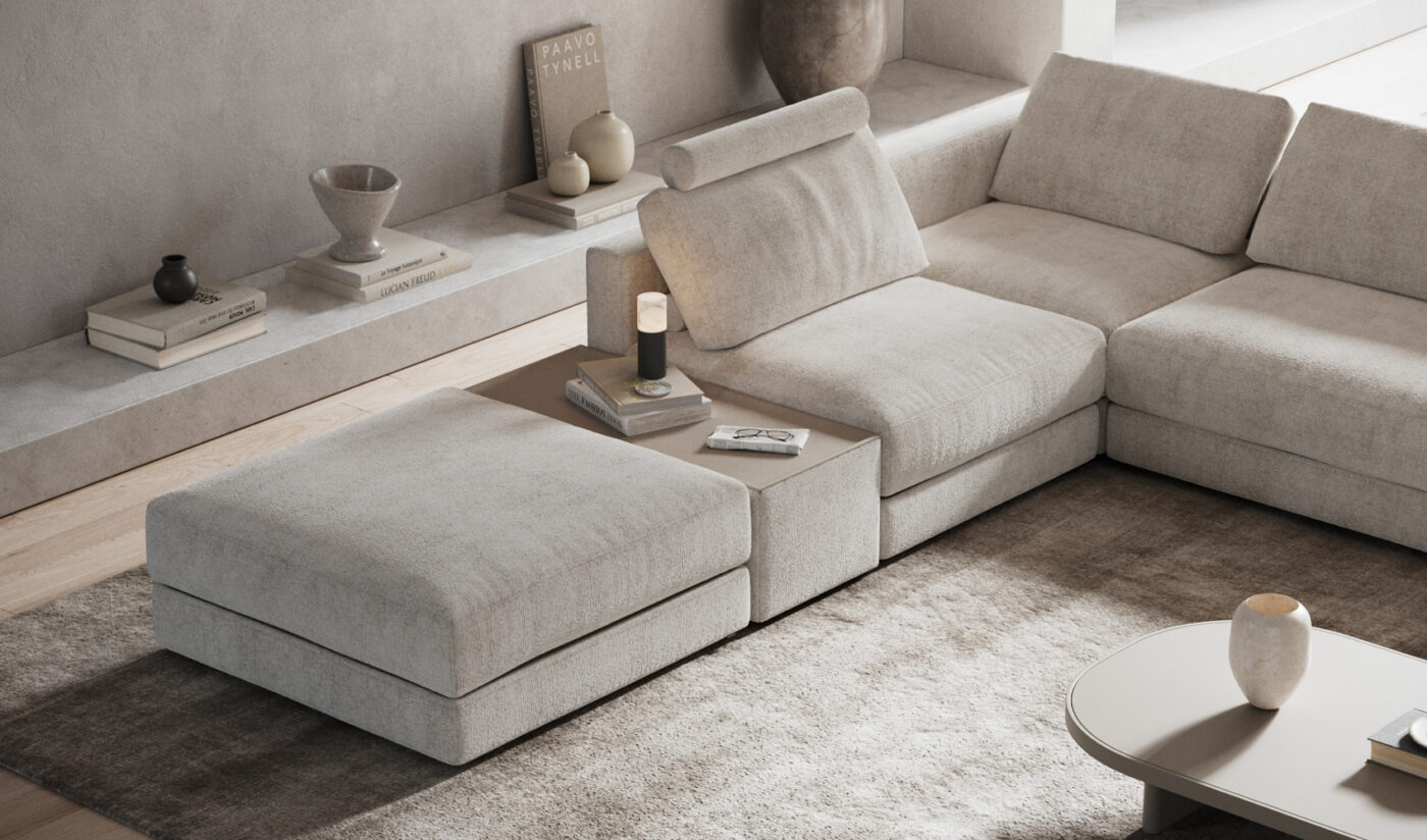 DK25 - PANTONE 2026 - 04 - H A contemporary living room showcasing a sleek modular sofa, emphasising modern design and inviting ambiance. In PANTONE 11-4201 Cloud Dancer, a billowy white imbued with a feeling of serenity: the Pantone Color of the Year selection for 2026.