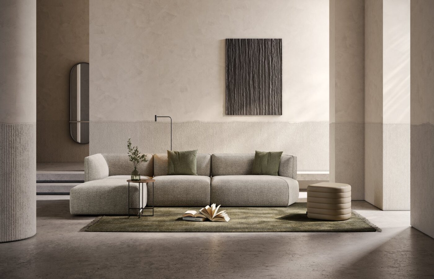 Living room with Wabi-Sabi Design. In earth tones, with a sofa with three modules and a pouf. It also has a side table in steel.