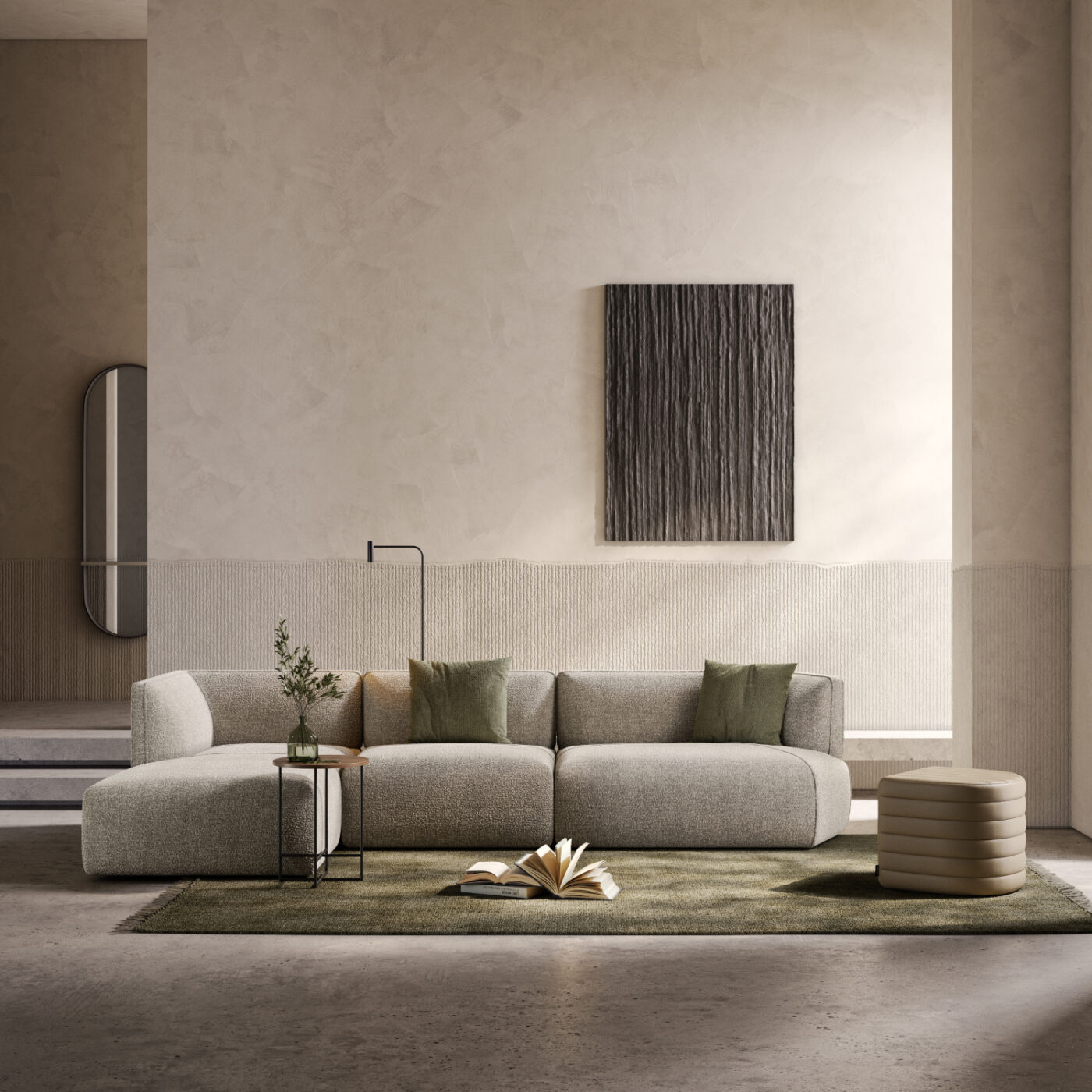 A contemporary living room featuring a stylish sofa, a sleek coffee table, and a cosy rug on the floor. The feng shui philosophy was used on the position of the furniture, colours and nature elements.