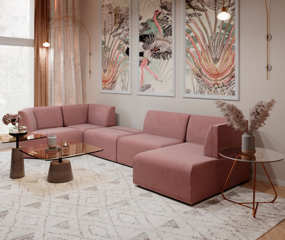 A bright living room showcasing a pink modular sofa alongside a colorful painting, enhancing the room's aesthetic appeal.