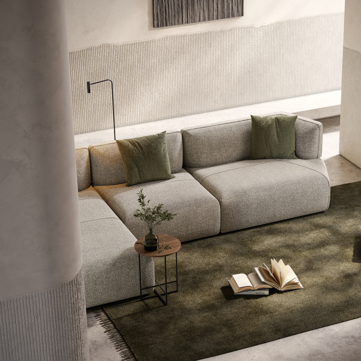 Bright modern living room with 70s colour trends. With a modular sofa in green tones and a contemporary coffee table in dark wood, creating a welcoming atmosphere. The rug is in dar green.