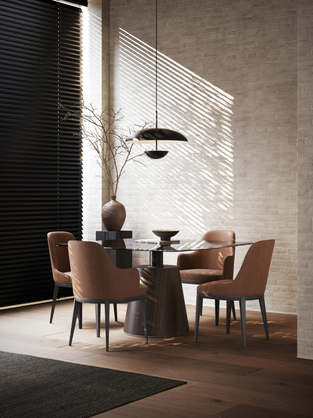 A dining room featuring a wooden table surrounded by elegant chairs in terracotta leather, creating a warm and inviting atmosphere.