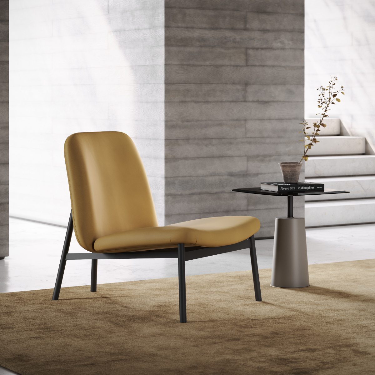 A cosy living room featuring a bright yellow chair and matching table, creating a cheerful and inviting atmosphere. The tones are from the 70s colour trends.