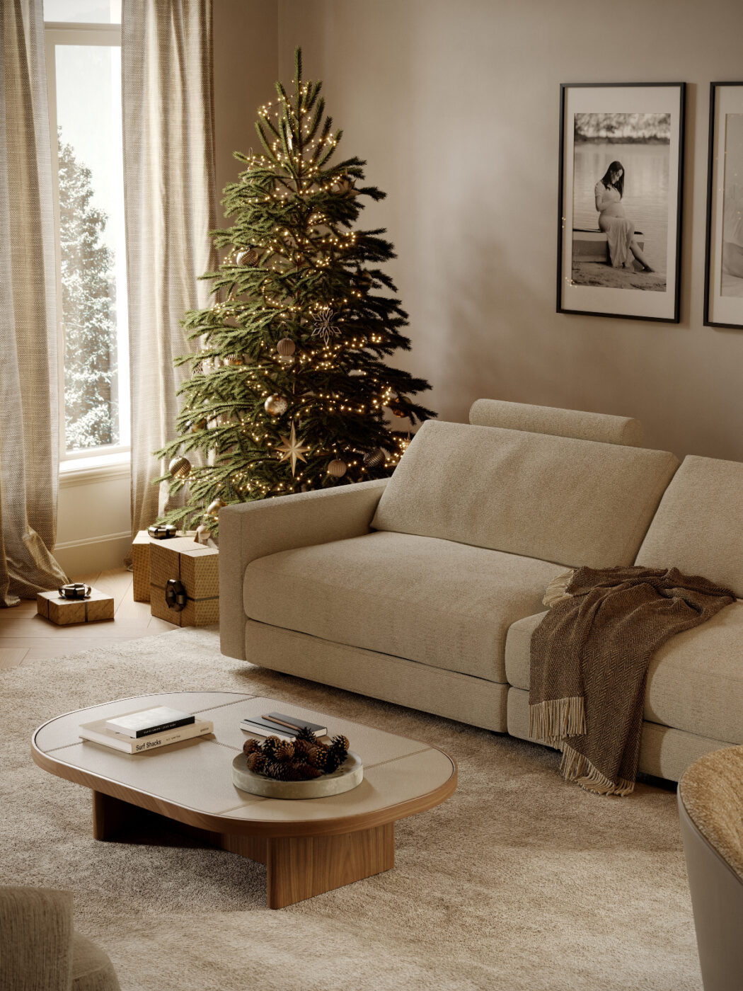 A festive living room showcasing a Christmas tree and a welcoming sofa, creating a warm holiday atmosphere.