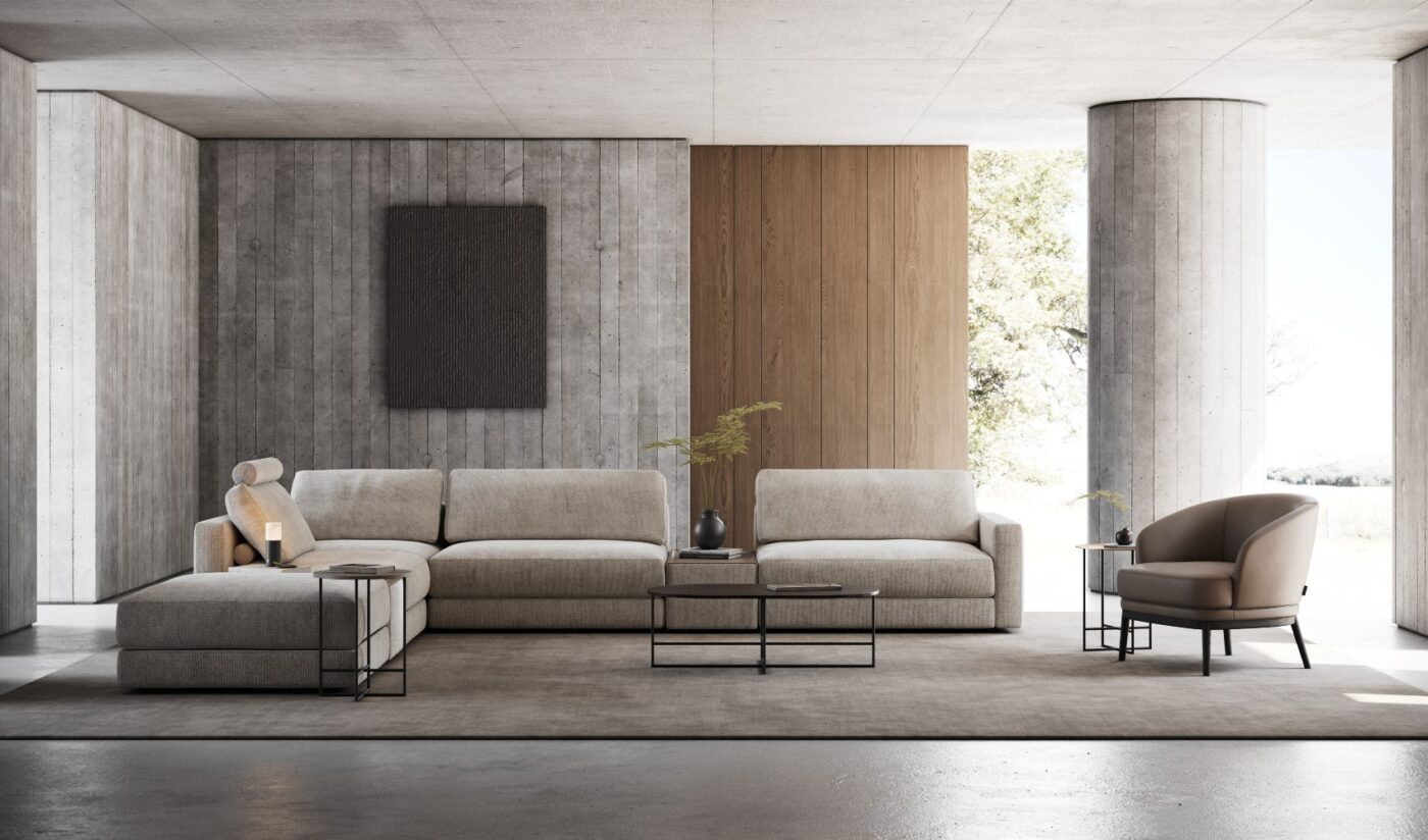 A contemporary living room featuring a modular sofa, a comfortable armchair, matching the interior design trends for 2025.