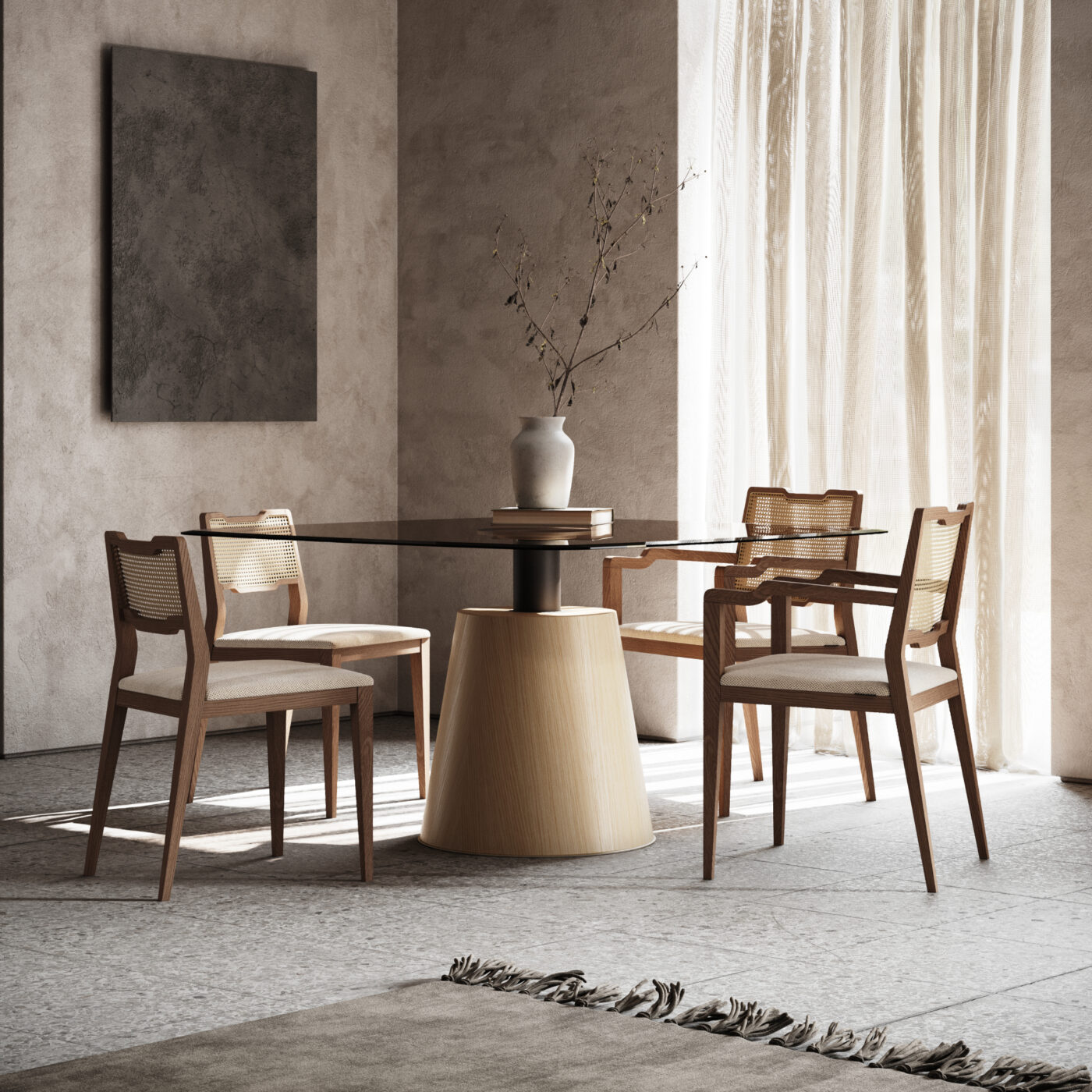 A cosy dining room featuring a wooden table surrounded by stylish chairs, perfect for family meals and gatherings. Their versatility and texture meets the 2025 interior design trends.