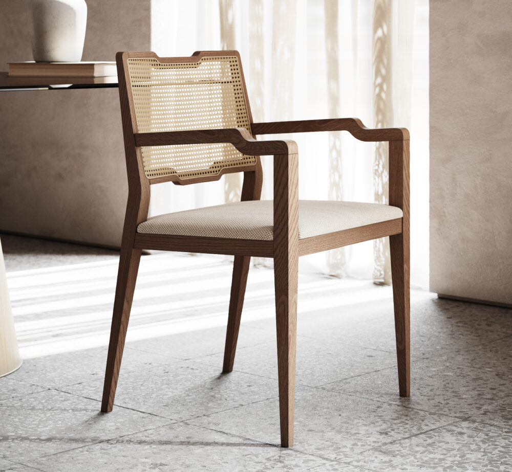 A wooden chair with armrests and with a sturdy back and seat, reflecting a timeless and functional style. From the Eva family.