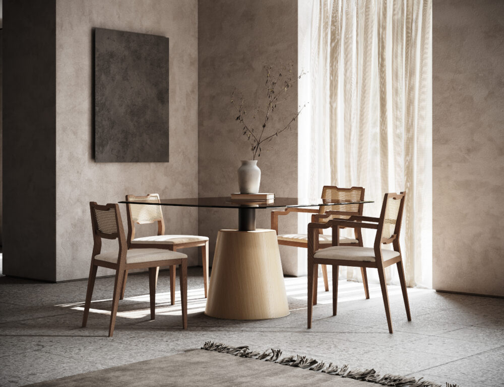 dining chair with matching dining and bar chairs. The chairs are made with wood and rattan, while the seat is upholstered.