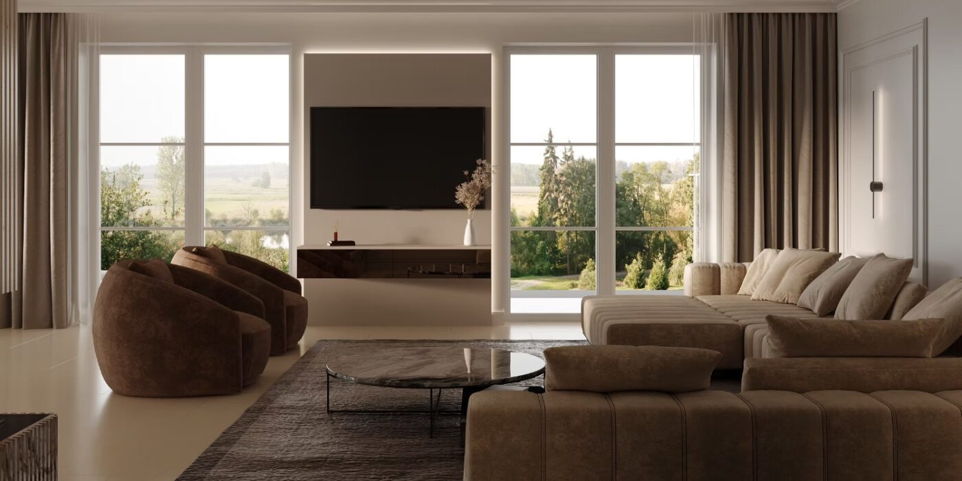 G-project by KAR Interiors A modern living room featuring large windows, a stylish sofa and contemporary decor elements. By one of the best interior designers in Austria.