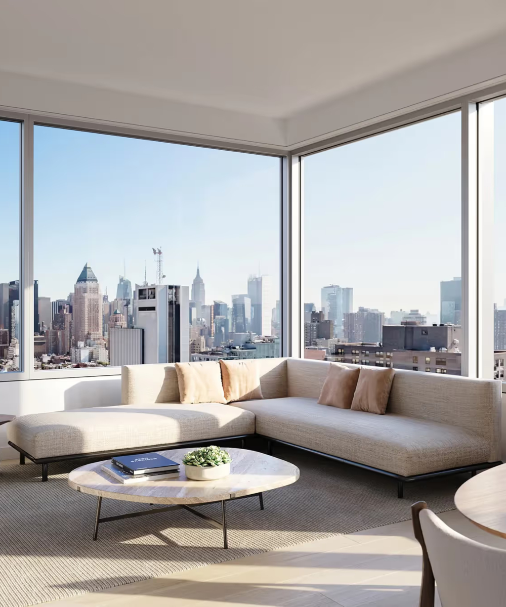 Gabellini Sheppard project A modern living room featuring large windows with a panoramic view of the city skyline. By one of the best interior designers in the US - Gabellini Sheppard