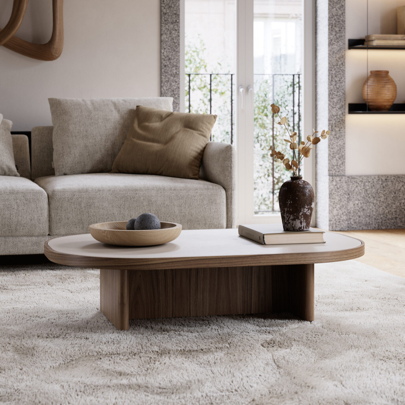 A cosy white rug situated on the floor, contributing a touch of comfort and sophistication to the interior design. On top of it is a coffee table with customisable top, which perfectly matches the 2025 interior design trends.