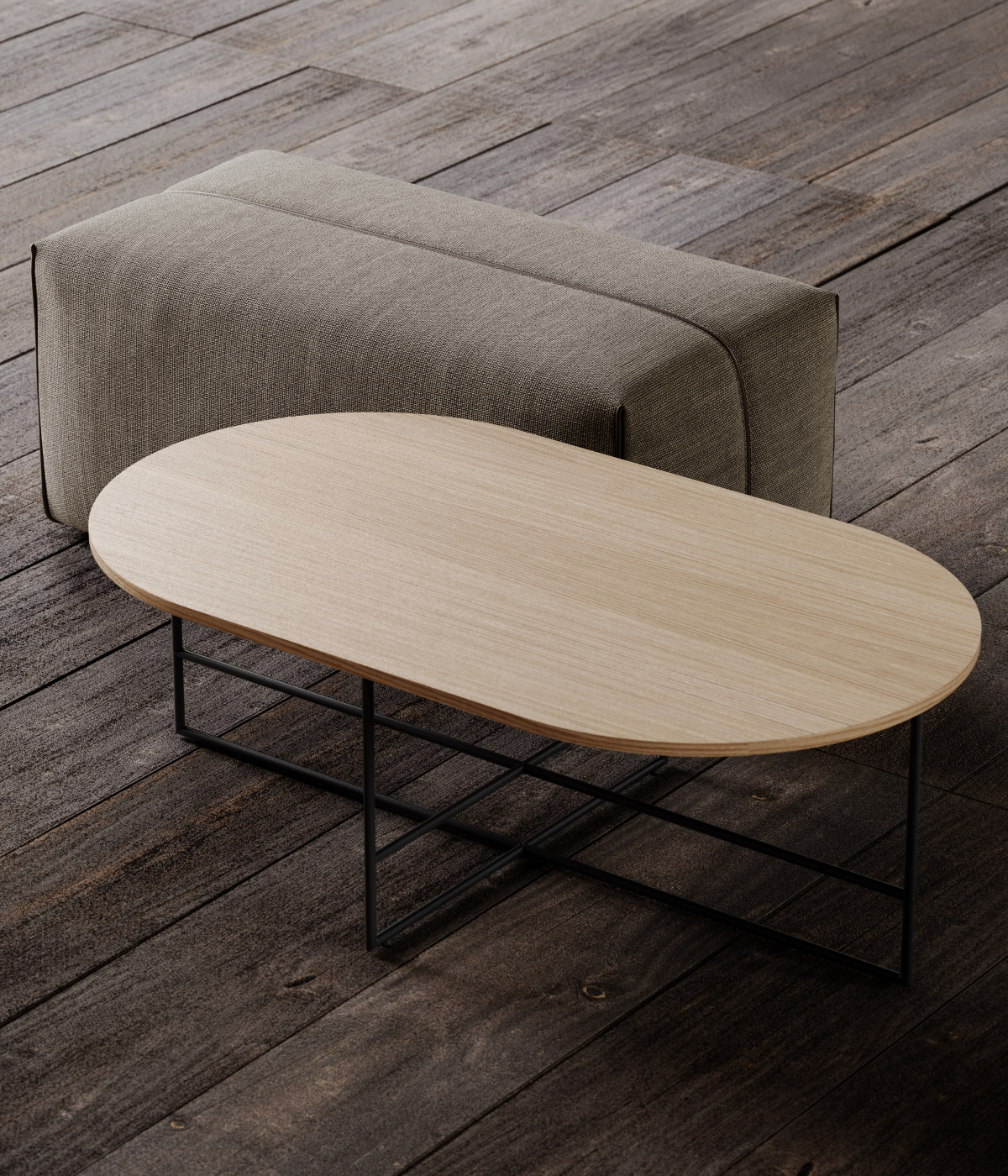 A charming wooden table with a pouf, creating a relaxed and inviting atmosphere.