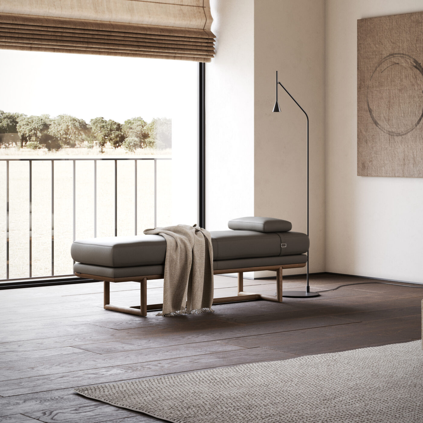 An inviting room showcasing a benche and a window that brightens the space. The versatility of the bench matches the 2025 interior design trends.