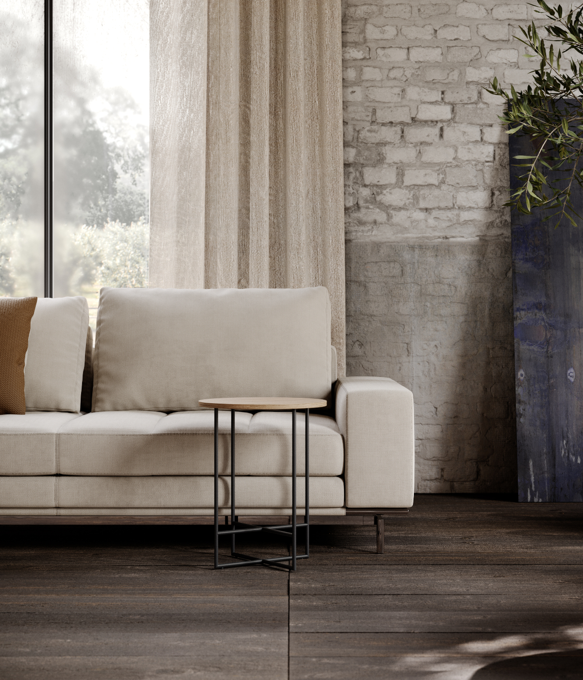 Bright living room design scene showcasing a sofa, a side table and a window that fills the space with light.